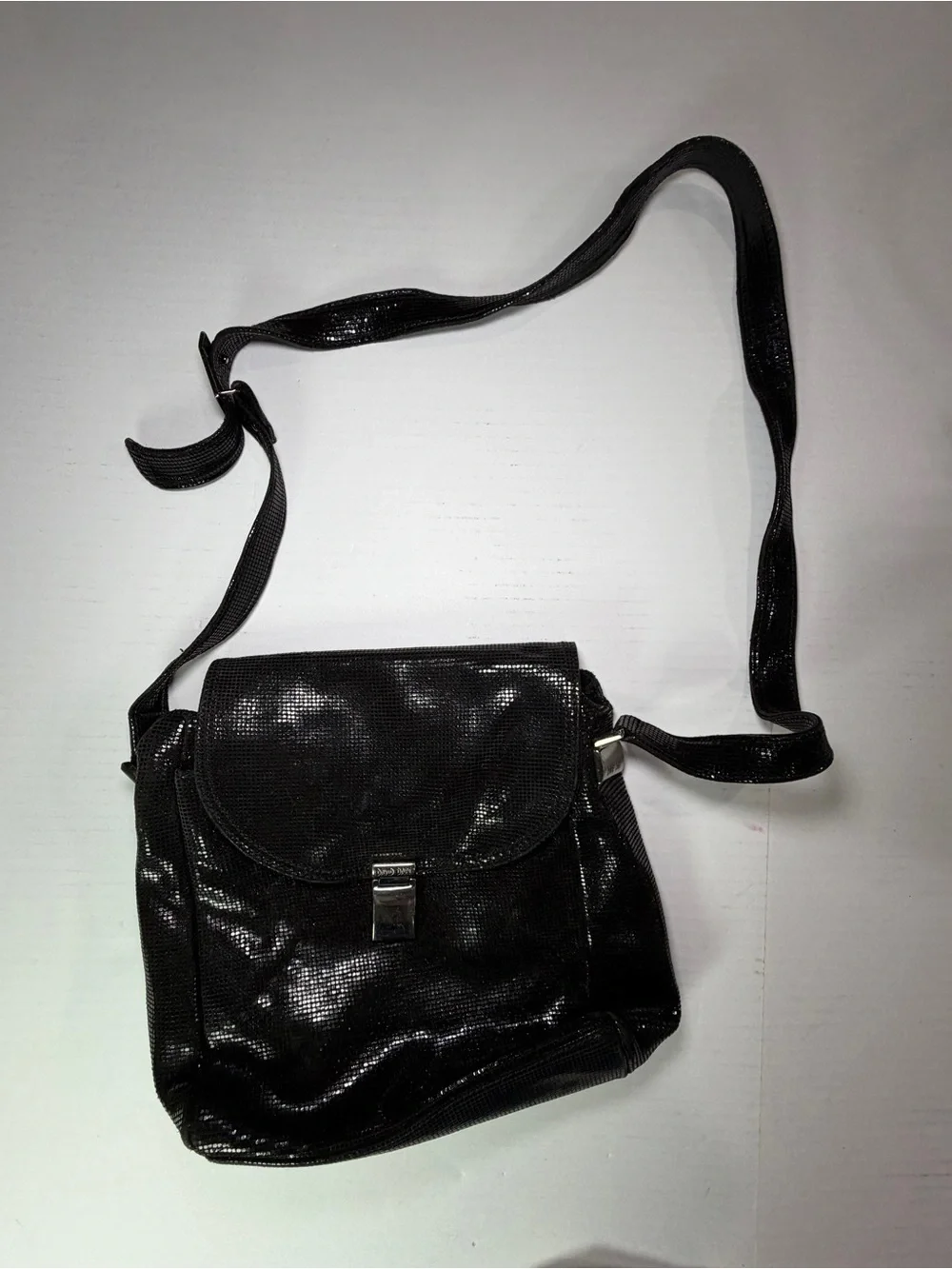 Black Shiny Crossbody Bag with Silver Clasp